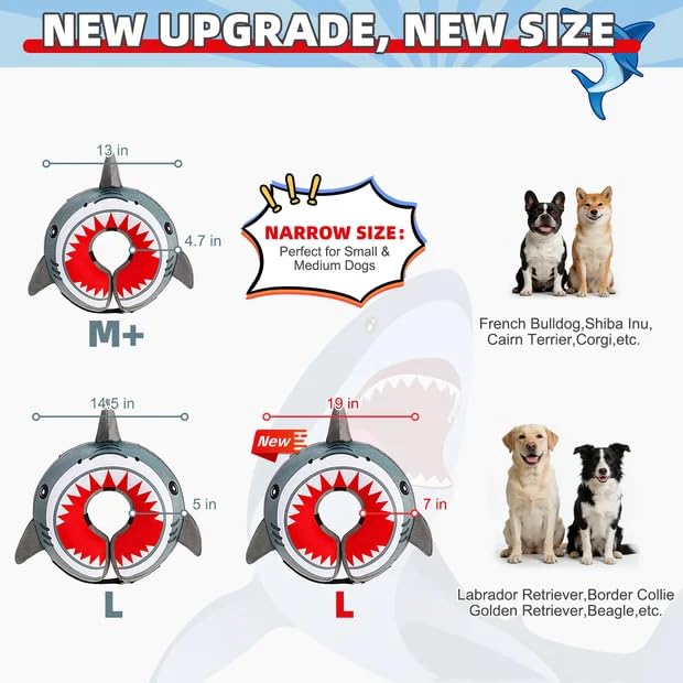 Image of KOOLTAIL Inflatable Dog Cone Collar, Soft Donut E Collar for Dogs After Surgery to Stop Licking Enhanced Alternative, Blow Up Pet Neck Pillow Recovery Adjustable Cone for Dog Cat, Upgrade Size,Shark L