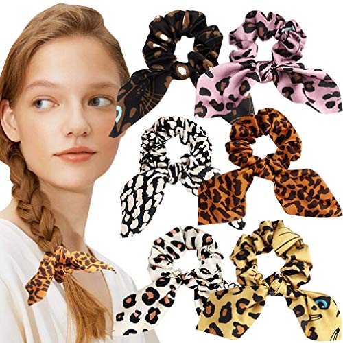 Taomoder 6 Pack Scrunchies for hair Leopard Scrunchies Bunny Ear Scrunchies Satin Hair Scrunchies for Women Cute Scrunch