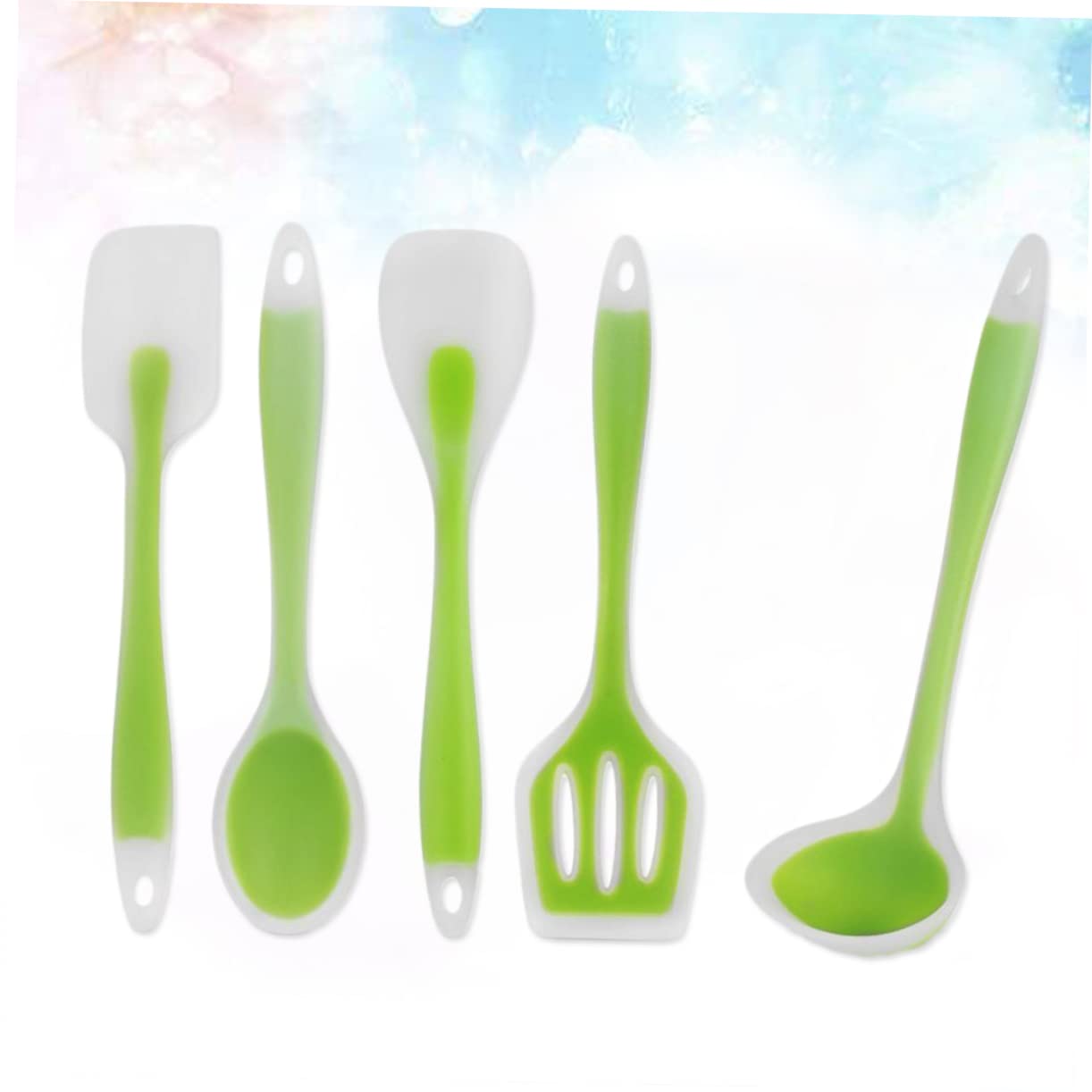 5pezzi Utensili Da Cucina Silicone Strumenti Antiaderenti e Resistenti Al Calore Cucchiaio Da Mischiare Mestolo Per Zuppa Spatola e Cucchiaio Per Insalata Verde Traslucido