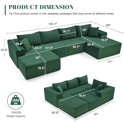 Image of Mangodan 140 inch Cloud Sectional Couch, Boneless Sofa for Living Room, Modular Sectional Sofa with Deep Seat, Comfy Fluffy U-Shaped Couch with Right-Facing Chaise, No Assembly Required, Green
