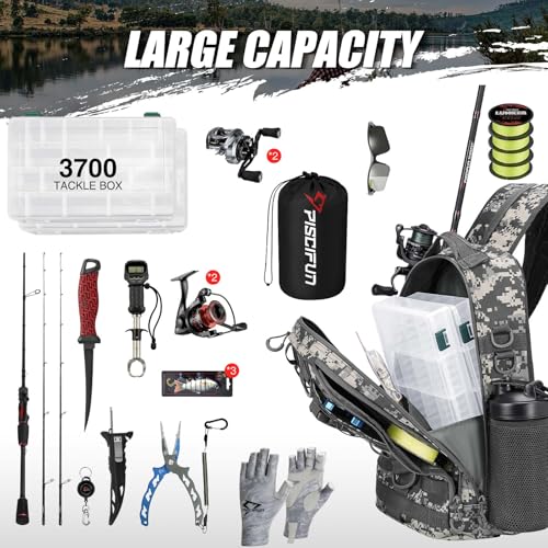 Image of Piscifun Fishing Backpack with Rod Holder, Lightweight Sling Bag Storge Gear and Equipment