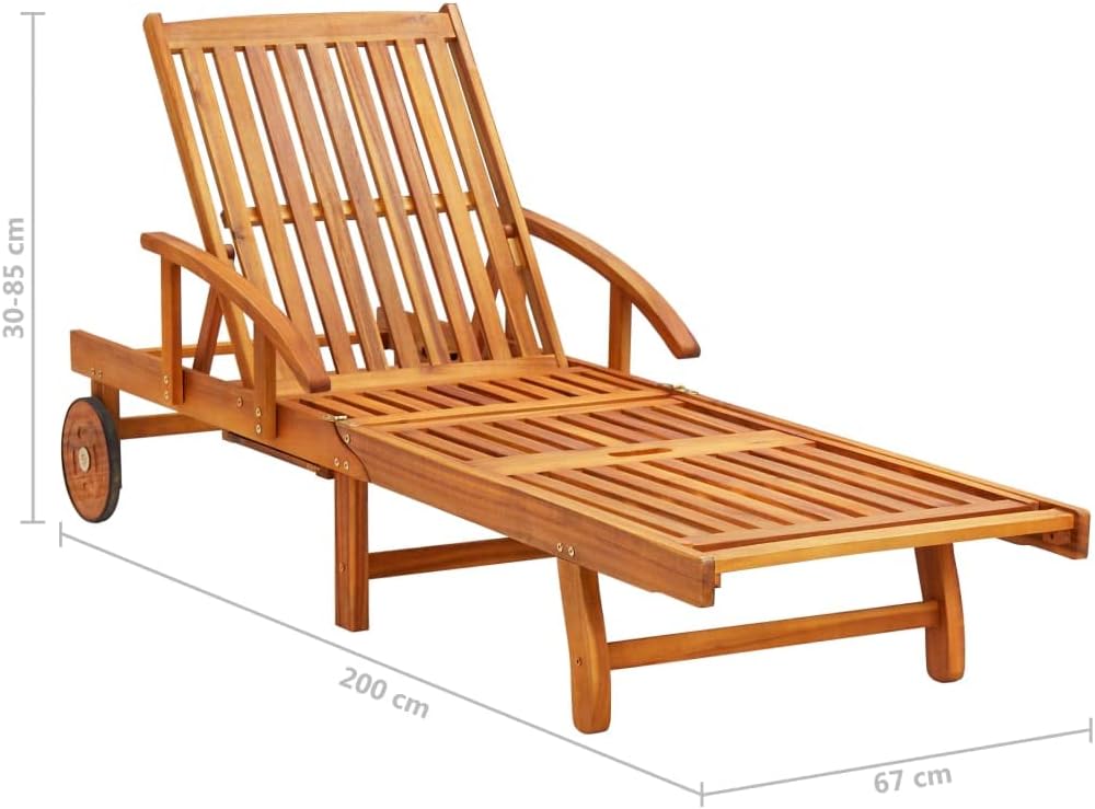 vidaXL Garden Sun Lounger with Table and Cushion Solid Acacia Wood Multi Position Backrest Portable Wheels Comfortable Polyester Relaxing Outdoor Lounge Furniture Cushioned Wooden Bed Set Folding