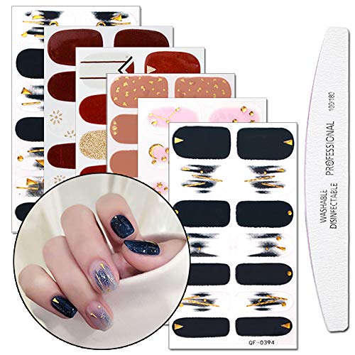 WOKOTO 6 Pieces Gradient Nail Art Polish Sticker Strips with 1Pc Nail File Marbling Adhesive Nail Wraps Decal Tips Manicure Kit for Women