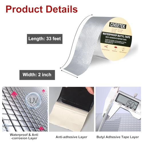 Image of Super Waterproof Aluminum Butyl Tape, Leak Repair Duct Tape Outdoor Butyl Seal Tape, 2in x 33ft All Weather Metal Roof Butyl Rubber for Pipe RV Awning Sail Roof HVAC Ducts Window Sealing