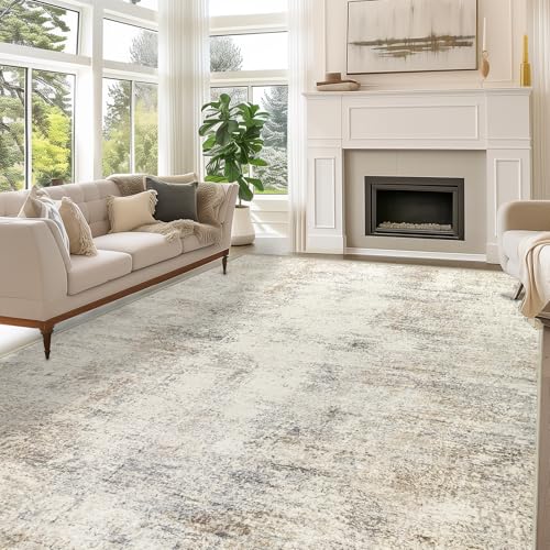 Capslpad Alfombra moderna abstracta de 9 x 12 pulgadas, lavable, para sala de estar, antideslizante, pelo bajo, suave, no desprende pelusa, patrón abstracto beige, alfombras grandes para dormitorio,