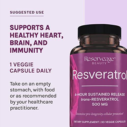 Reserveage Beauty, Resveratrol 500 Mg, Antioxidant Supplement For Heart And Cellular Health, Supports Healthy Aging And Immune System, Paleo, Keto, 30 Capsules #TOP4