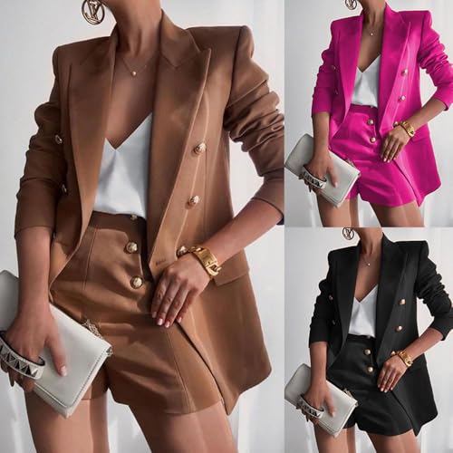 Women Suit with Shorts Ladies Office Causal Peak Lapel Double Breasted Suit Blazer and High Waisted Shorts Set2