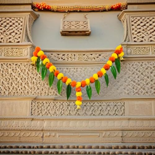 Image of Akaar Decor Artificial Marigold Bandhanwar Door Hanging Toran | Diwali Decoration Items for Home Decor| Festive Decor| Office Decor| -(L:Approx. 3.5ft)-with Mango Leaves Decoration (Multi)