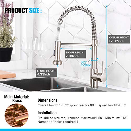 Qomolangma Kitchen Faucet Lead Free High Arc Spring Kitchen Sink Faucet with Pull Down Sprayer, Single Handle Single Lever Pull Out Kitchen Faucet,Brush Nickel
