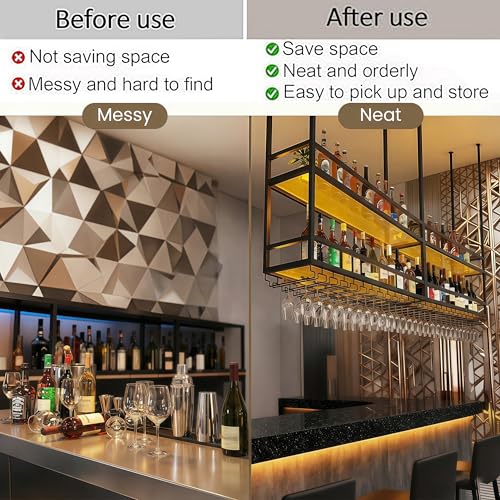 Image of 47.2IN Ceiling Wine Glass Rack with light, Acrylic Hanging Wine Rack with Glass Holder and Transparent Shelves, Wine Bottle Holder Goblet Stemware Racks Modern Home Bar Coffee Decor Rack(120CM)