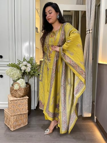 Image of ANNI Designer Women's Pure Cotton Kurta Set | 3 Piece Ethnic Suit Set with Pant & Dupatta | Festive Kurti Set for Women