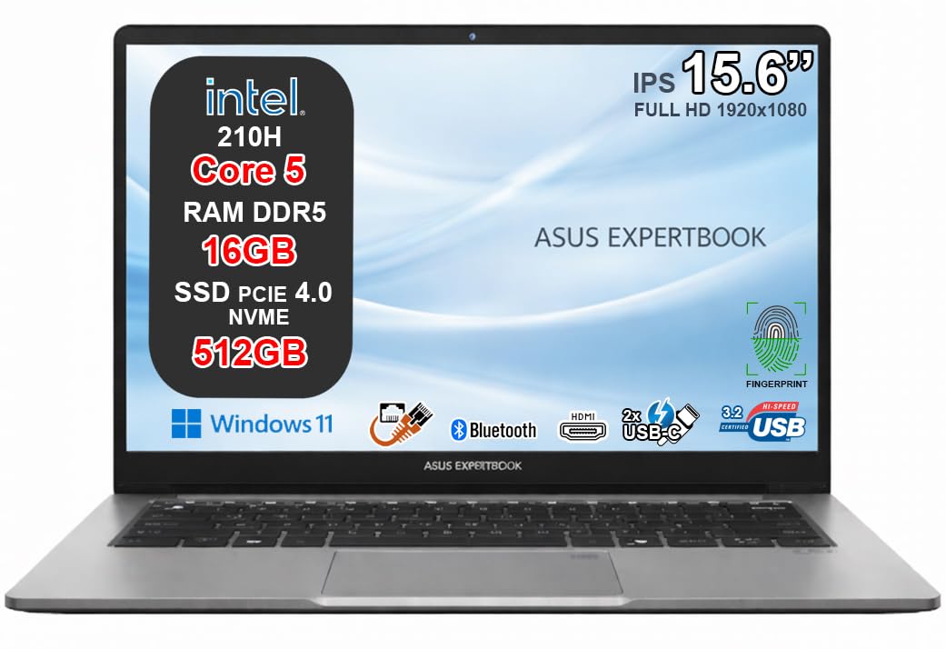 ASUS ExpertBook P1 Notebook, Intel Core 5 210H, 16GB DDR5, SSD 512GB NVMe PCIe 4.0, Display 15,6" FHD Antiriflesso, USB-C Gen2, LAN RJ45, Wi-Fi 6, Bluetooth 5.4, Windows 11 Pro, 24 Mesi Garanzia