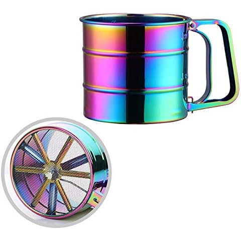 SUNSENGEUR Stainless Steel Sieve Cup Powder Flour Baking Tool Icing Sugar Mesh Sieve Colander Crank Sifter with Measuring Scale Baking Flour Sifter, 1-Cup Capacity -Rainbow Cover