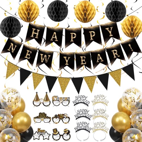 Happy New Year Eve Party Supplies 2027 Complete New Years Decorations Set with Happy New Year Banner Black & Gold Triangle Flag Headbands Hanging Swirls Honeycomb Balls & Balloons