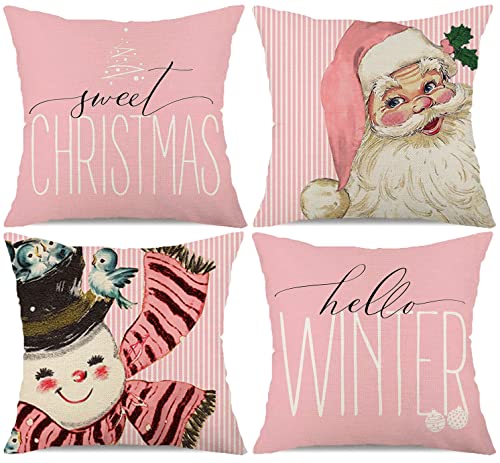 Pink Stripe Christmas Pillow Covers 18X18 Set Of 4 Snowman Santa Claus Throw Pillow Cases Hello Winter Holiday Outdoor Cushion Covers For Sofa Farmhouse Christmas Decorations #TOP9
