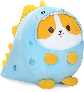 AIXINI Cute Corgi Dinosaur Plush Pillow 8" Shiba Inu Dino Stuffed Animal, Soft Kawaii Corgi Plushie with Blue Dinosaur Outfit Costume Gift for Kids