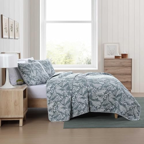 Image of Eddie Bauer - Twin Quilt Set, Reversible Cotton Bedding with Matching Sham, Wildflower Inspired Home Decor with Stripe Reverse (Fern Garden Green, Twin)