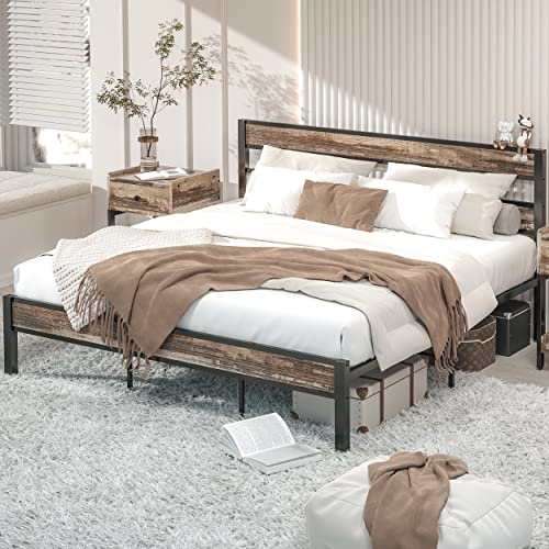 LIKIMIO California King Bed Frame wtih Headboard, Easy Assembly, Noise-Free, No Box Spring Needed, Heavy Strong Metal Support Frames, Rustic Brown