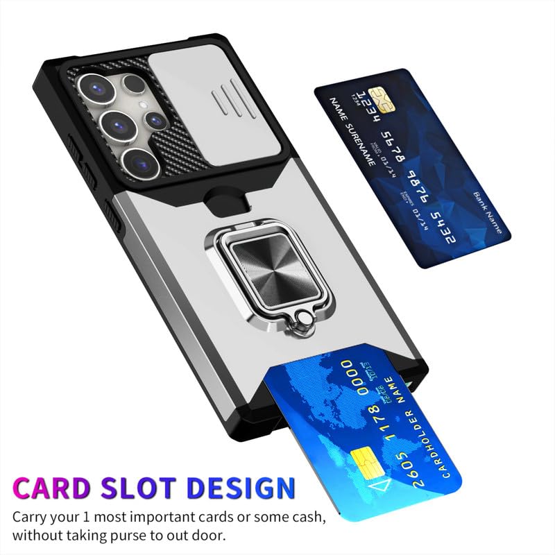 Image of LuxuryKase Shockproof Armor Case for Samsung Galaxy S24 Ultra | Slide Camera Cover | Hidden Card Slot | Rotating Ring Kickstand | Magnetic Car Mount Support | Military Grade Protection - White
