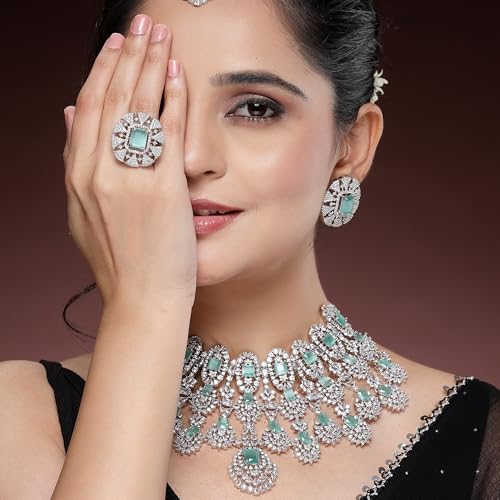 Image of ZENEME Rhodium-Plated American Diamond Studded Tasselled Necklace With Earrings Ring & MaangTikka Jewellery Set For Girls and Women