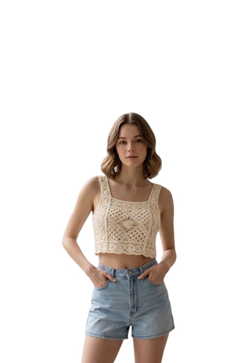 Women's Crochet Sleeveless Tank Top, Square Neck, White, Boho Style Cropped Vest-picture-52
