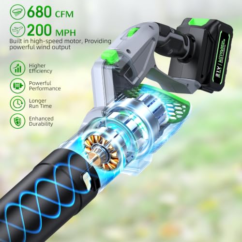 Image of Cordless Leaf Blower, 680 CFM High Power Battery Powered Leaf Blower with 2 Batteries & Charger, 5-Speed Variable Control, Lightweight Handheld Design for Yard, Driveway, Patio, Garage