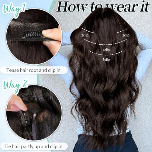 Image of KooKaStyle Wavy Thick Clip in Hair Extensions 20 inch Chocolate Brown 33Y# | 4 Pieces Clip in Extensions,Fiber Double Weft Hairpieces,Natural Volume,Beach Wave Synthetic Hairpiece for Women