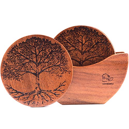 Wood Coasters | Handmade Wood Drink Coasters with Holder Set of 6 Pieces