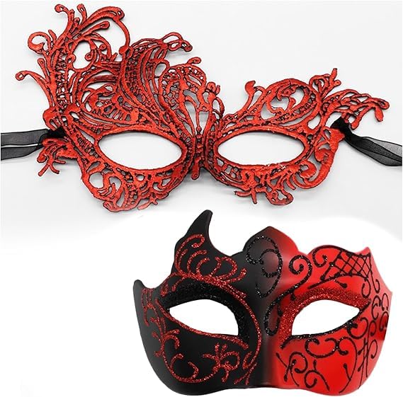 HWZENQZ Masquerade Mask for Couple，Cosplay Venetian Party Mask， thickened lace Eyemask， Halloween, carnival mask. (Black red)