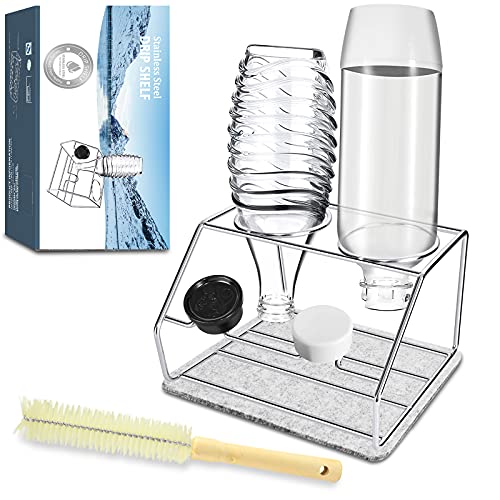 GUSUWU Porte-bouteillesde qualité supérieure,pour Bouteilles Soda Stream Emil,avec Support de Couvercle,Égouttoir en Acier Inoxydable avec Brosse et Coussin Ventouse Amovible Cover