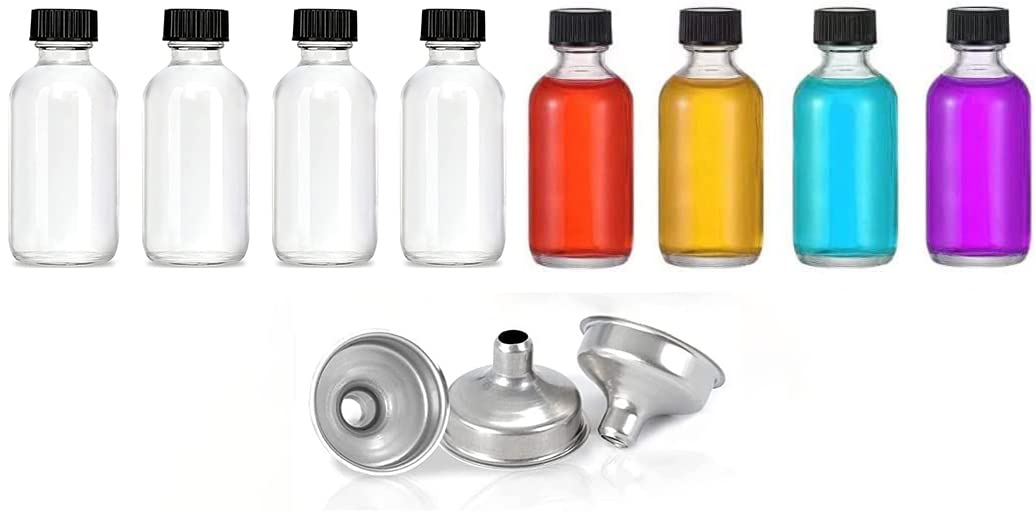 YHRY 8 Pcs Clear Glass Bottle with Cap, Boston Round Sample Glass Bottle, 60 ML Small Glass Bottles, with 3 Stainless Steel Funnels, No Leakage, for Juice, Ginger Juice, Oil, Liquid