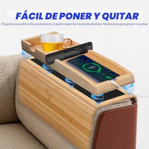 Bandeja para reposabrazos de sofá plegable magnética con portavasos integrado 3