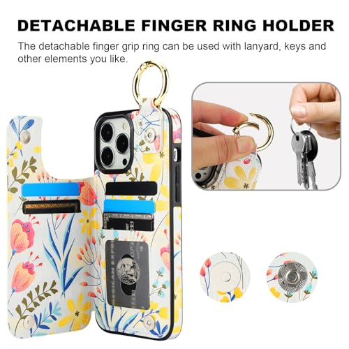 Image of HAOPINSH for iPhone 13 Pro Max Wallet Case with Card Holder, Floral Flower Print Back Flip Folio PU Leather Kickstand Card Slots Case, Finger Grip Ring Double Magnetic Clasp Shockproof 6.7 inch
