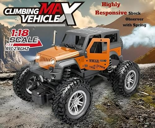 Image of Remote Control Off Road Rock Climbing Car for Kids, Rechargeable Thar Toy with Mist Spray, Openable Doors, Front LED, Shock Absorbers, Mobile Connect, USB-C Port & 75ft Range (Red)