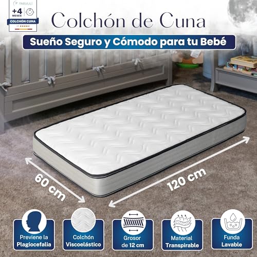 Miniatura 2 de Parvuli Colchón Cuna Bebé 120x60 Funda Protectora - Doble Cara Verano Invierno - Viscoelástico Hr - Transpirable Y Antiaxfixia - Certificado Oeko-Tex