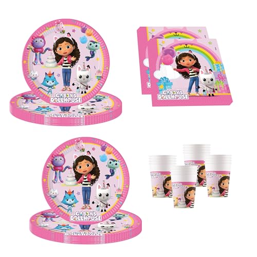 Procos PRO10245291DY - Set de fête S Gabby's Dollhouse, set de 52 pièces, assiettes, gobelets, serviettes, vaisselle jetable, set de vaisselle