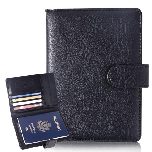 Image of Passport Holder and Card Slot Combo RFID Blocking Leather Family Travel Passport Wallet Travel Accessories for Men Women US Passport Cover Protector (Travel black)