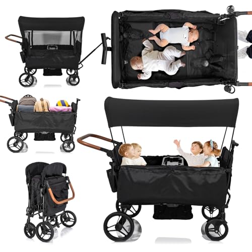 Image of Stroller Wagon for 4 Kids Seated-Tandem Fold Stroller Push-Pull Lightweight Travel Trolley with 5-Point Harness,Adjustable Handle and Canopy,Mosquito Net,Footwells,Child Tray,Cup Holder,Storage