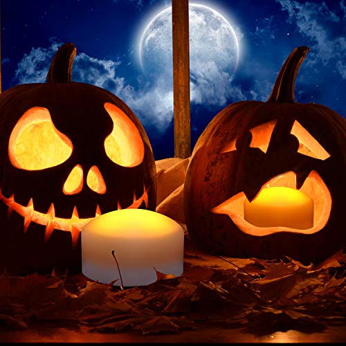 Image of CANDLE CHOICE Halloween LED Pumpkin Lights with Remote Timers Battery Operated Jack-O-Lantern Lights Bright Flickering Flameless Electric Candles for Halloween Decor Holiday Decorations 2 Pack White