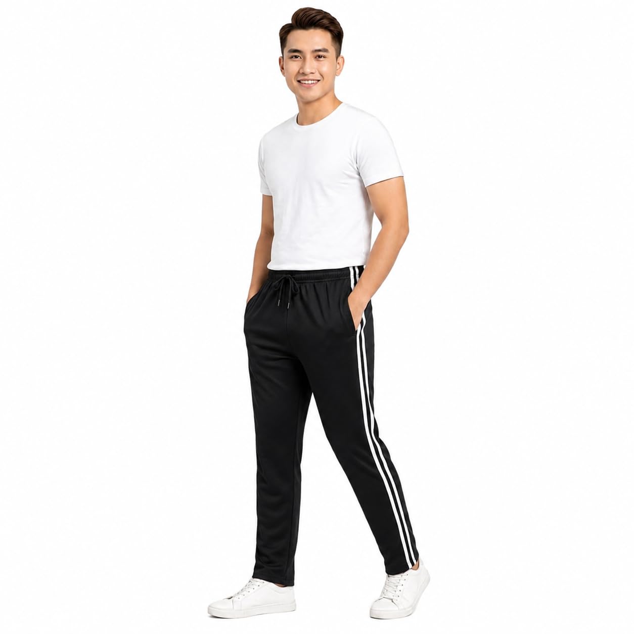 Men's Black Track Pants with Double Side Stripe | Regular Fit | Drawstring Waist | Casual Sports Wear-image-36