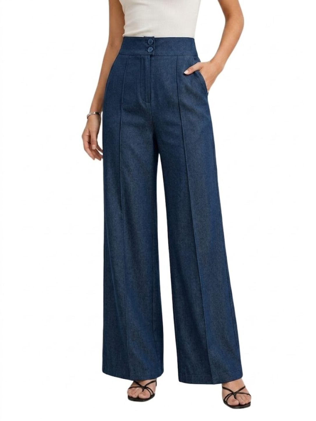 Women's High Waist Wide Leg Trousers | High Rise Button Closure Palazzo Pants | Comfortable Casual Formal Office Wear Trousers | Stylish Bottom Wear for Women-image-21