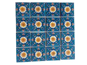 Shiv Kripa Blue Pottery Home Decor Flooring Wall Kitchen Washroom Tabletop Interior Exterior Wall Furniture Tile Decorative Floral Ceramic Mosaic Wall Tiles 3 x 3 Inch Set of Tiles (Multi) (16)