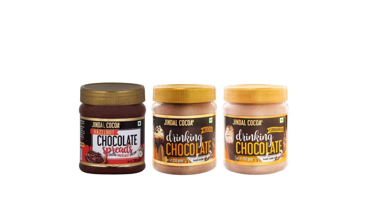 JINDAL COCOA Combo of Chocolate Hazelnut 320 Gm | Mocha Drinking Chocolate 200 Gm | Cinnamon Drinking Chocolate 200 Gm | Pack Of 3 | 100% Vegetarian | No Artificial Presevatives & Colors