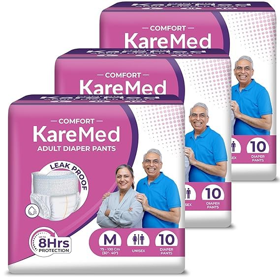 KareMed Comfort Adult Diaper Pants, Medium 75-100 Cm (30"- 40"), Unisex, Leakproof, Elastic Waist, Wetness Indicator, 30 Count (Pack of 3)