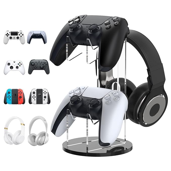 oopz Universal holder for Gamepad and Headphone Stand, 2 in 1 Game Controller Holder Storage Organizer for ps5, ps4, Xbox One, Xbox Series, Controller holder Gaming Accessories, CrystalClear..