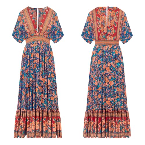 Image of R.Vivimos Women's Boho Floral Print Midi Dress with Pockets