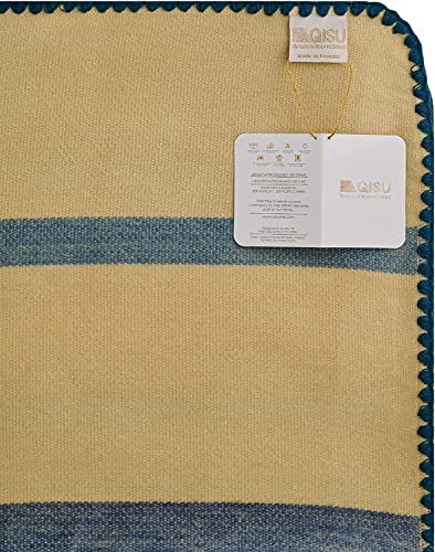 Qisu Alpaca Wool Blanket Throw | Queen, Beautiful, Warm, Stripes | 85 X 65 Inches | Ultra-Soft, Hypoallergenic And Breathable | Non-Itchy Or Scratchy (Camel And Sky Blue Stripe) #TOP2