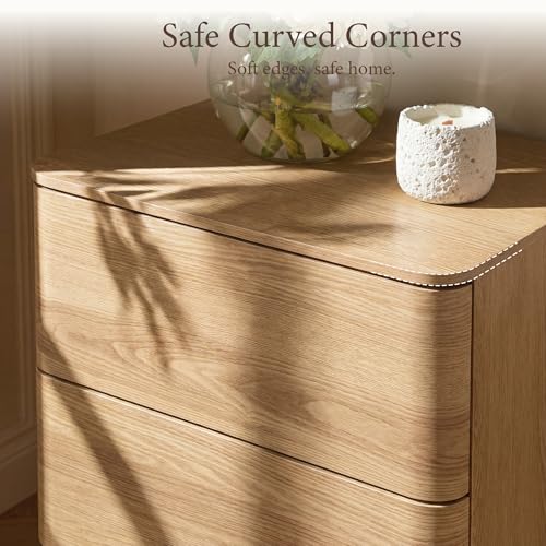 Image of Yechen Nightstand with 2 Push to Open Drawers Storage | 22'' Rounded Eges Bedside Table with Hidden Drawer, Modern Wooden End Tables for Bedroom, Curved Profile, Natural Oak
