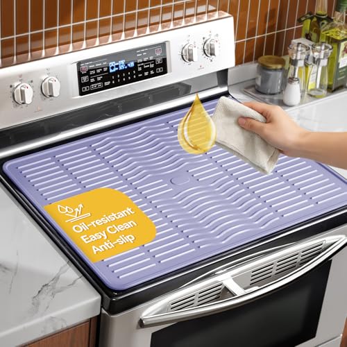 Stove Top Covers for Electric Stove Glass Ceramic RV Cooktop -Double Side, Induction Electric Burner Stovetop Oven Cover Countertop Protector, Silicone XL Kitchen Dish Drying Mat, 28x20 In Lavender