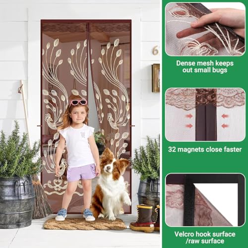 Image of HASTHIP Mosquito Screen Door 90x210cm, Auto Close Peacock Brown Mesh | Mosquito Barrier, Hands-Free Closing, Breathable Mesh, No Drill Magnetic Screen Door for Room Doors, Balconies and Patios